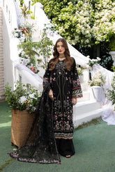 MEHMAL-MUSK BLACK-3PCS-LAWN EMBROIDERED SHIRT WITH PRINTED EMBROIDERED ORGANZA DUPPATTA & TROUSER-ADR-10