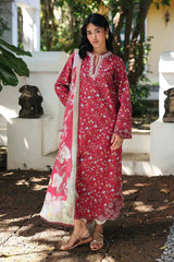 QALAMQAR-3PC LAWN EMBROIDERED PRINTED SHIRT WITH SILK PRINT DUPATTA AND TROUSER-ADR-051