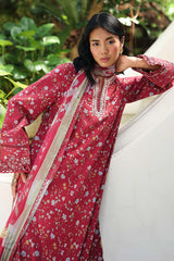 QALAMQAR-3PC LAWN EMBROIDERED PRINTED SHIRT WITH SILK PRINT DUPATTA AND TROUSER-ADR-051