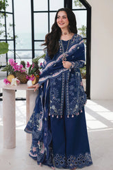 QALAMQAR-3PC LAWN CHIKAN EMBROIDERED SHIRT WITH KHAADI NET EMBROIDERED DUPATTA AND EMB TROUSER -ADR-4758