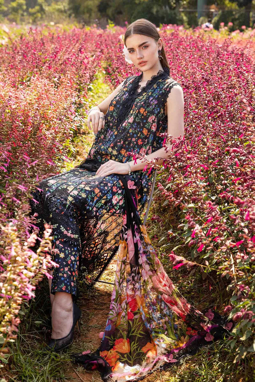 MARIA.B-3PC LAWN PRINTED EMB SHIRT WITH CHIFFON PRINT DUPATTA AND PRINT TROUSER-ADR-2504