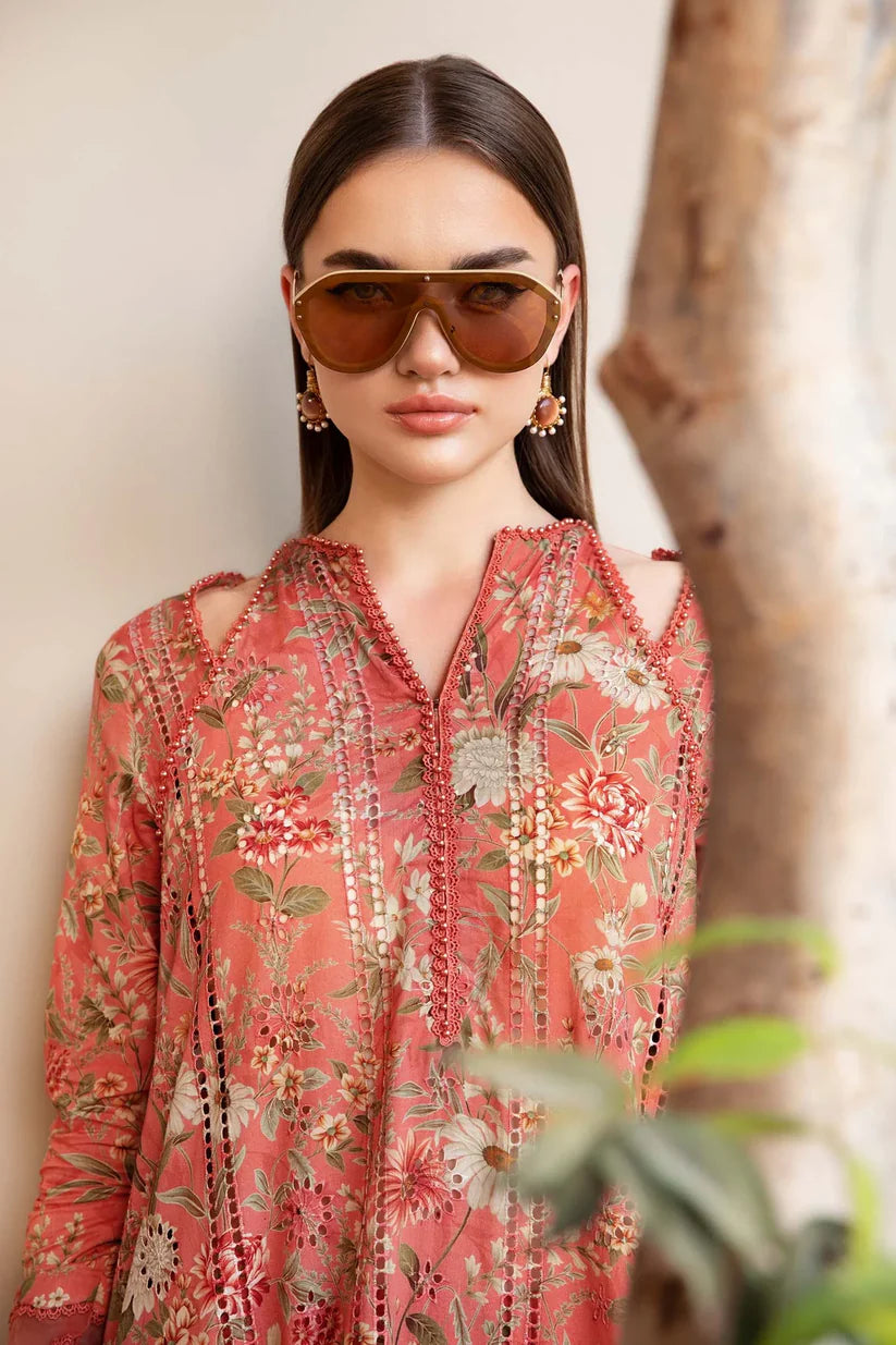 MARIA.B-3PC LAWN PRINTED EMB SHIRT WITH CHIFFON PRINT DUPATTA AND PRINT TROUSER-ADR-2505