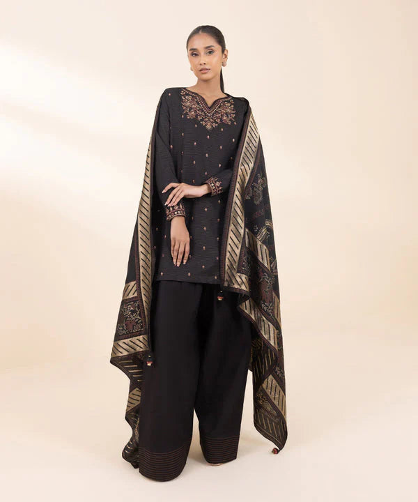 SAPPHIRE- 3PC DHANAK EMBROIDERED SHIRT WITH WOOL PRINT SHAWL AND TROUSER-ADR-3372