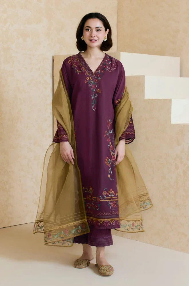 ZARA SHAHJAHAN - 3PC LAWN EMBROIDERED SHIRT WITH ORGANZA EMBROIDERED DUPATTA AND TROUSER -ADR-3826