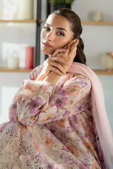 BAROUQE-3PC LAWN SCHIFFLI EMBROIDERED PRINTED SHIRT WITH SILK PRINT DUPATTA AND PRINT TROUSER-ADR-039