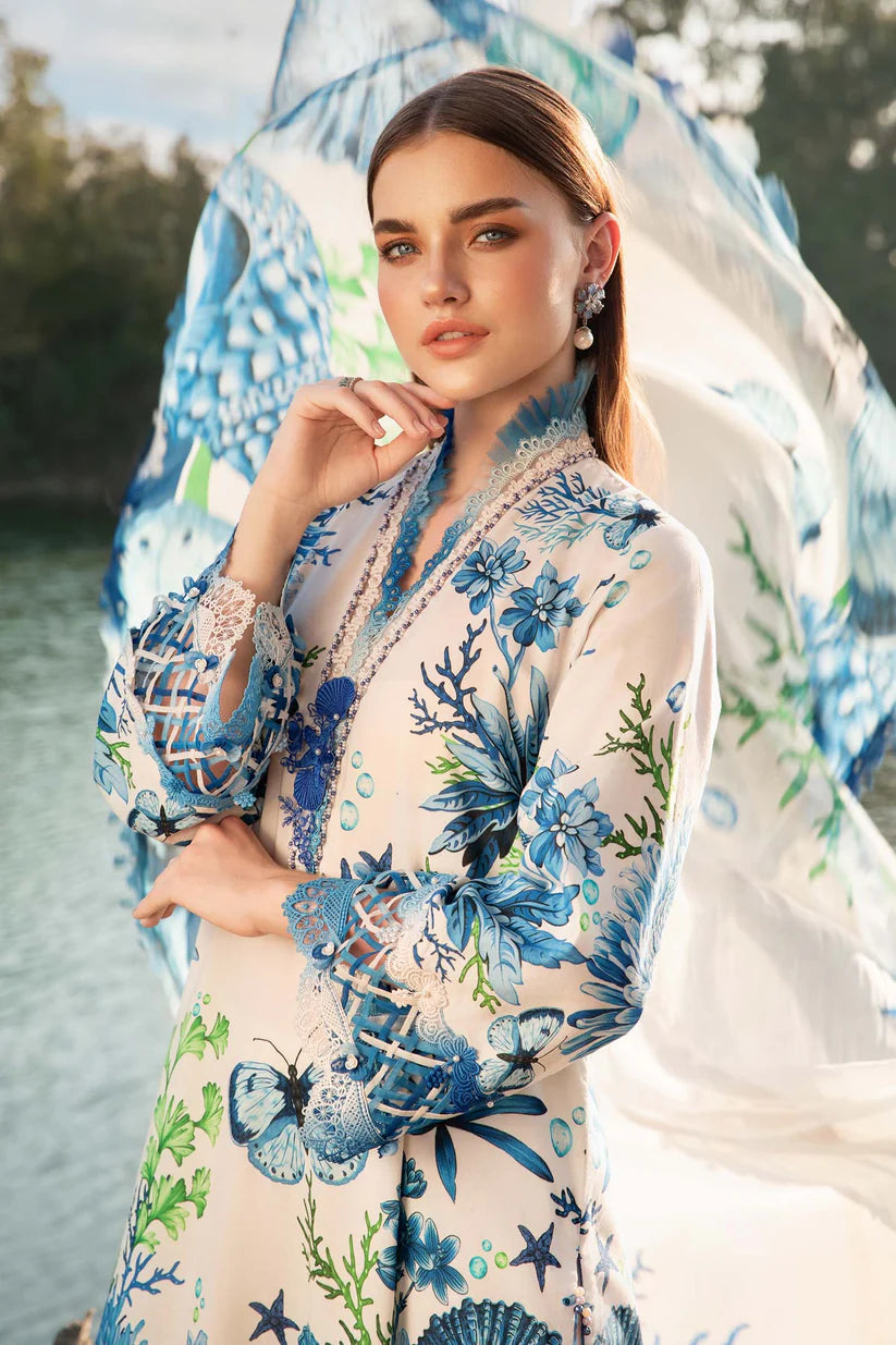 MARIA.B-3PC LAWN EMBROIDERED PRINTED SHIRT WITH CHIFFON PRINT DUPATTA AND PRINT TROUSER-ADR-
