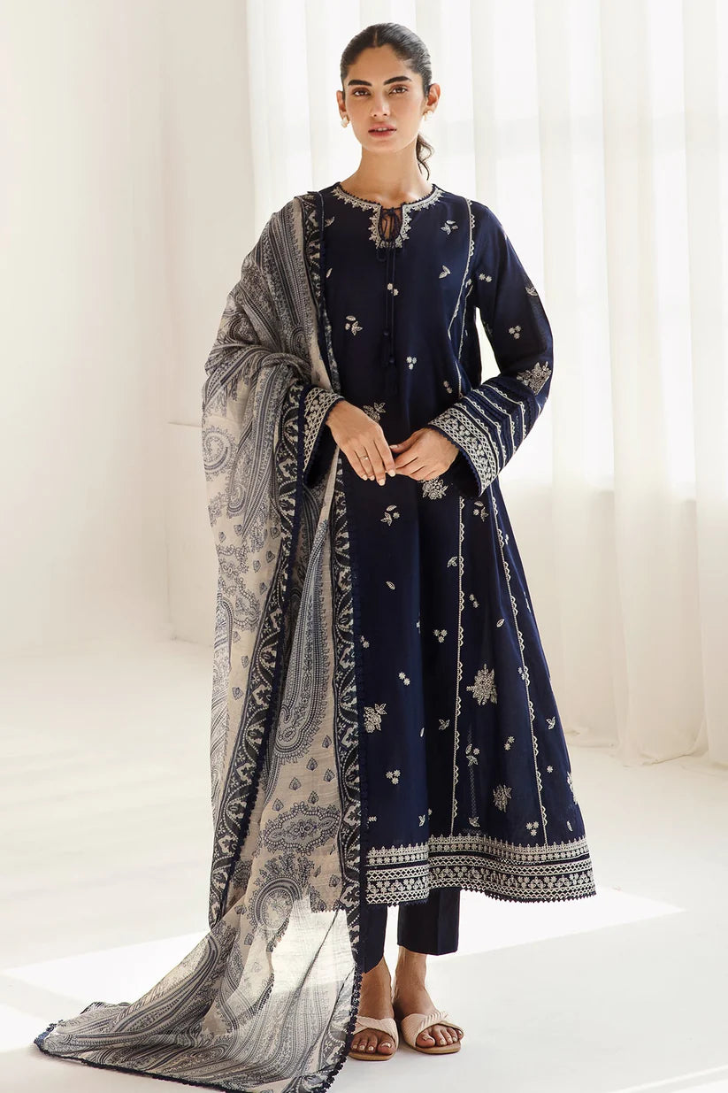 JAZMIN-3PC DHANAK SEQUENCE EMBROIDERED SHIRT WITH COUTRAI PRINTED SHAWL & DHANAK TOUSER-ADR-4182