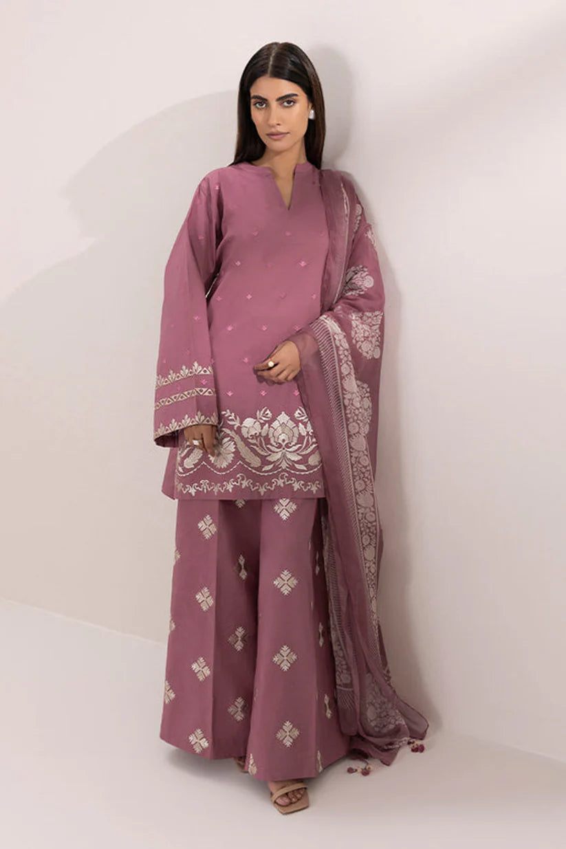 SAPPHIRE-3PC DHANAK EMBROIDERED SHIRT COUTRAI PRINTED SHAWL & EMB TROUSER-ADR-4055
