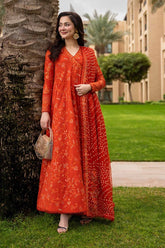 FAIZA SAQLAIN-FROCK 3PC LAWN EMBROIDERED SHIRT WITH CHUNRI PRINTED EMBROIDERED DUPATTA AND TROUSER-ADR-4866