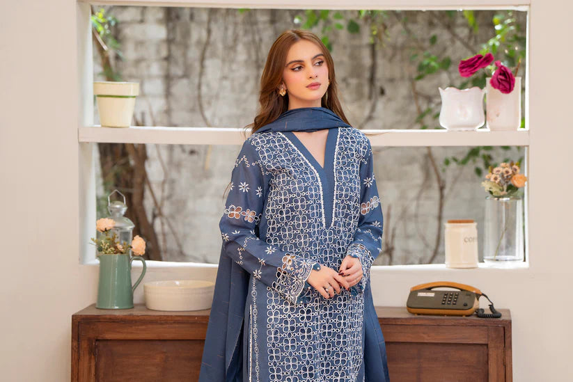MIRAKHI-3PC LAWN CHIKENKARI EMBROIDERED SHIRT WITH LAWN TUBE SLUB DUPATTA-ADR