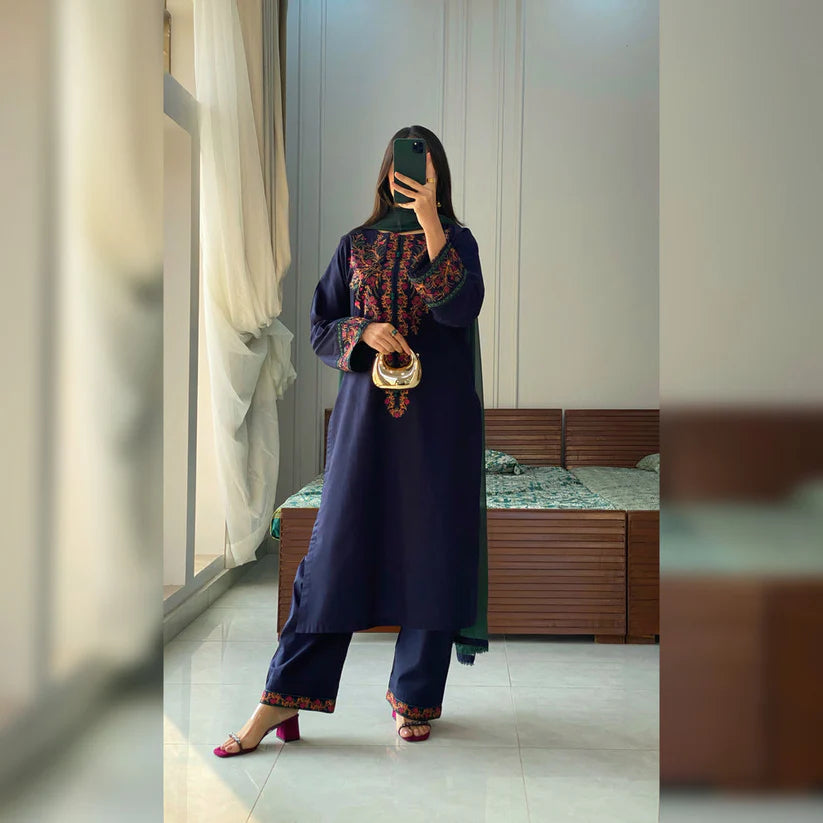 ADORE-3PC DHANAK EMBROIDERED SHIRT WITH BAMBER CHIFFON DUPATTA AND EMB TROUSER-ADR-4076