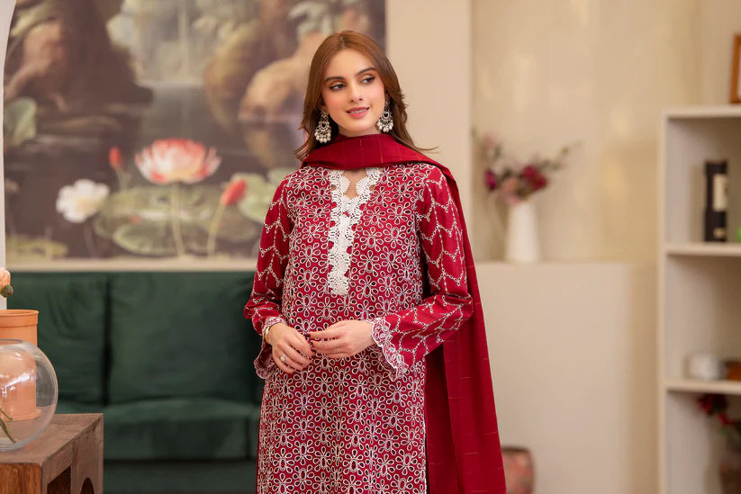 MIRAKHI-3PC LAWN CHIKENKARI EMBROIDERED SHIRT WITH LAWN TUBE SLUB DUPATTA-ADR-