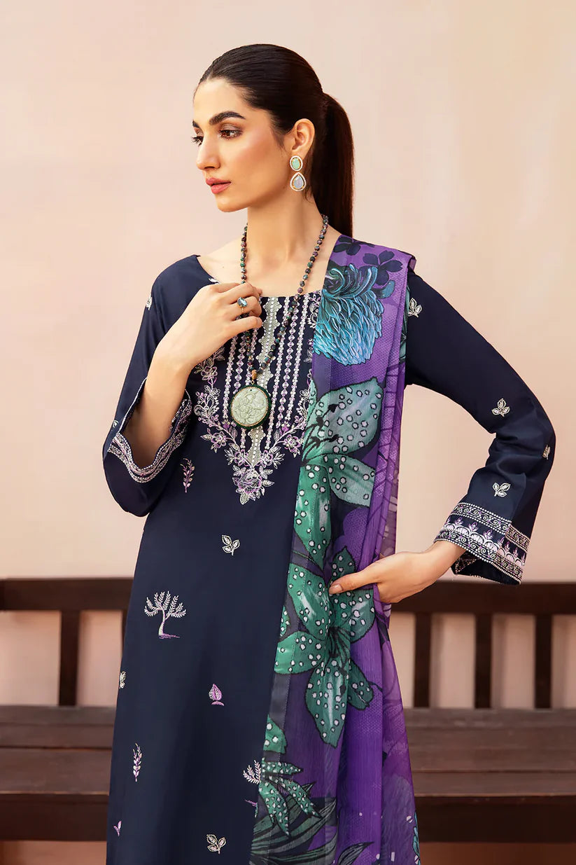 AFSANAH 3PC DHANAK EMBROIDERED SHIRT WITH COUTURE PRINTED SHAWL & TROUSER-ADR-3323
