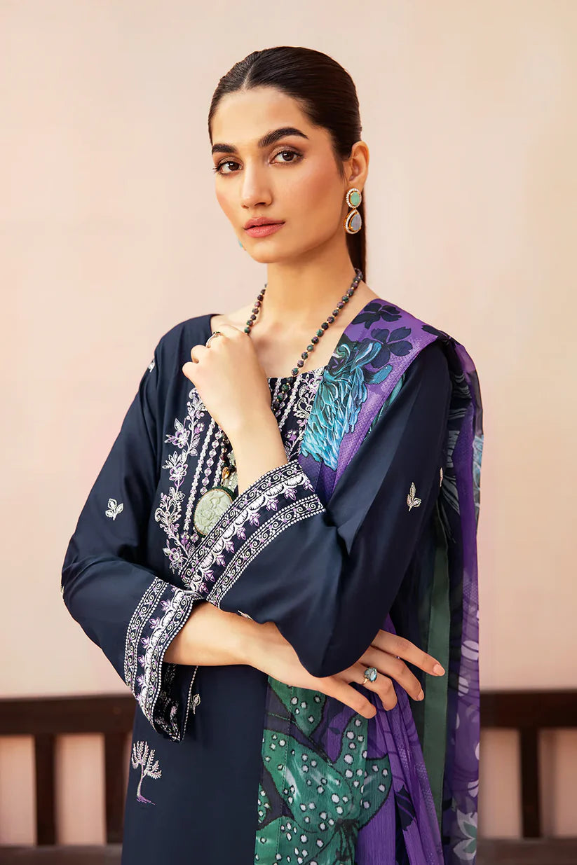 AFSANAH 3PC DHANAK EMBROIDERED SHIRT WITH COUTURE PRINTED SHAWL & TROUSER-ADR-3323