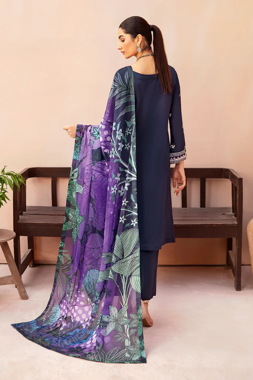 AFSANAH 3PC DHANAK EMBROIDERED SHIRT WITH COUTURE PRINTED SHAWL & TROUSER-ADR-3323