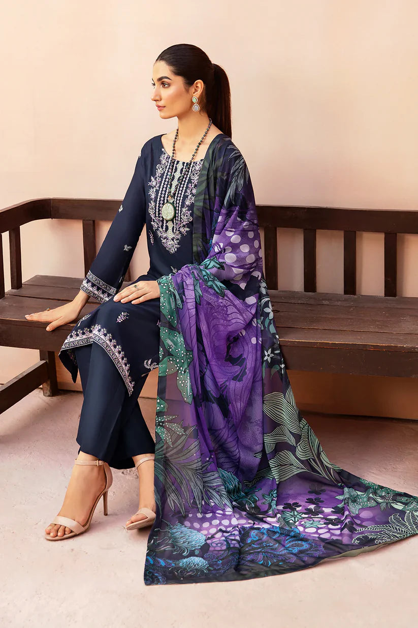 AFSANAH 3PC DHANAK EMBROIDERED SHIRT WITH COUTURE PRINTED SHAWL & TROUSER-ADR-3323