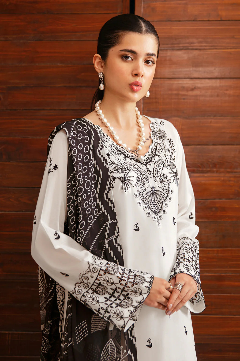 AFSANAH-3PC DHANAK EMBROIDERED SHIRT WITH COUTURE PRINTED SHAWL & TROUSER-ADR-3385