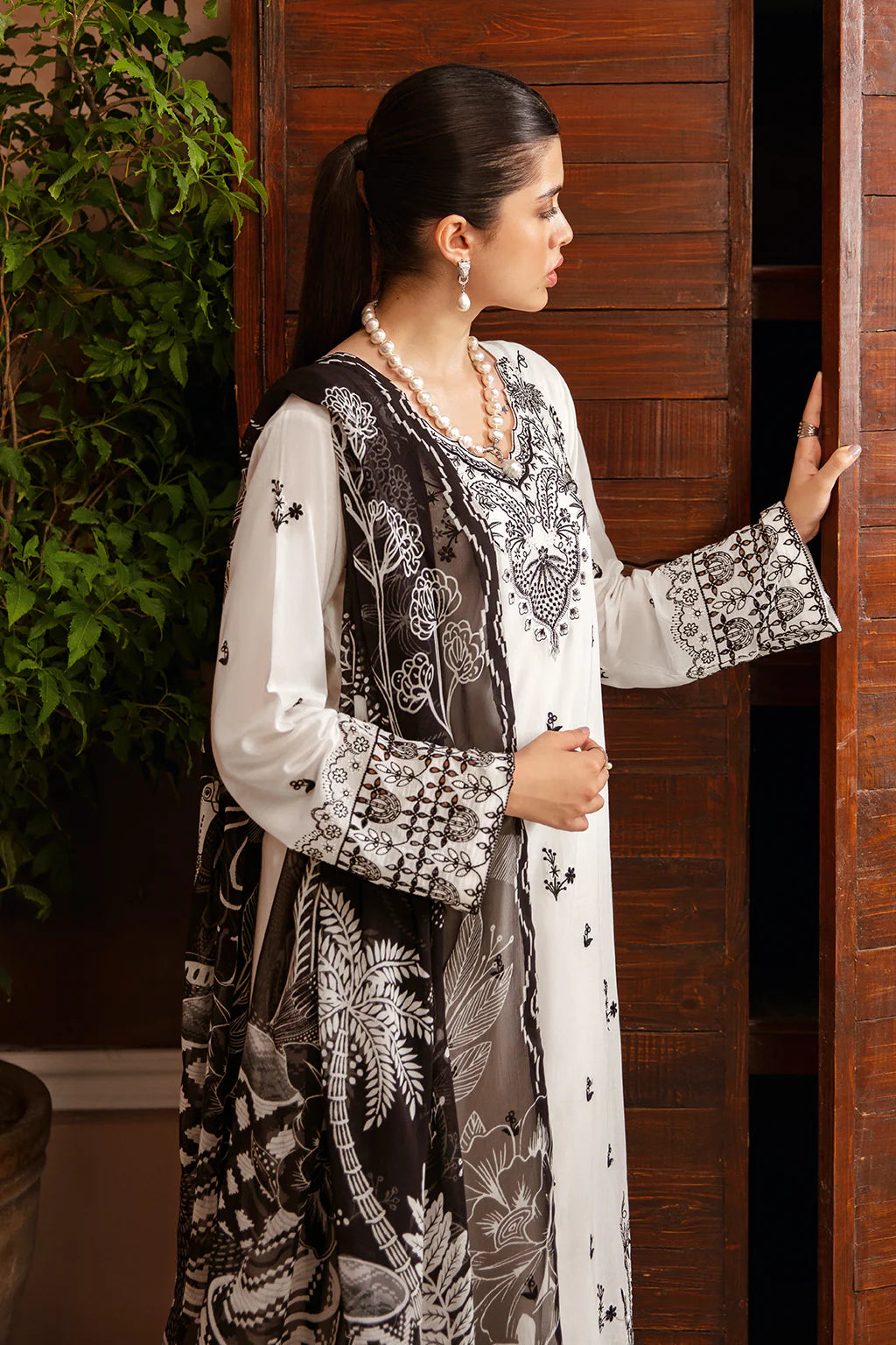 AFSANAH-3PC DHANAK EMBROIDERED SHIRT WITH COUTURE PRINTED SHAWL & TROUSER-ADR-3385
