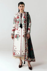 HUSSAIN REHAR-3PC DHANAK EMBROIDERED SHIRT WITH WOOL PRINTED SHAWL AND EMB TROUSER-ADR-5244