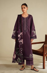 SERAN-3PC DHANAK EMBROIDERED SHIRT WITH COURTRAI PRINTED SHAWL & TROUSER-ADR-4317