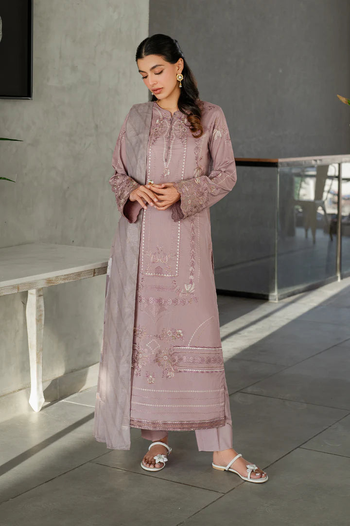 IZNIK-3PC DHANAK EMBROIDERED SHIRT WITH COUTRAI PRINTED SHAWL AND TROUSER-ADR-4114