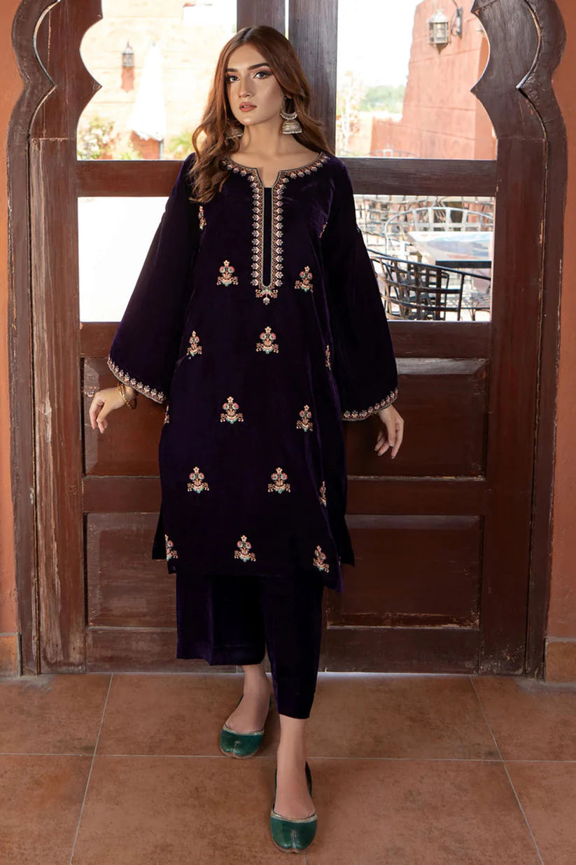 URGE - 2PC VELVET HEAVT EMBROIDERED SHIRT WITH VELEVT EMBROIDERED SLEEVES & VELVET TROUSER-ADR-D22 MICROO 9000