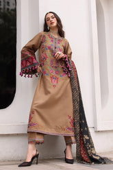 CHARIZMA-3PC DHANAK EMBROIDERED SHIRT WITH COUTRAI PRINTED SHAWL AND EMB TROUSER-ADR-5319