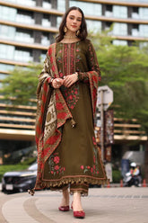CHARIZMA-3PC DHANAK EMBROIDERED SHIRT WITH COUTRAI PRINTED SHAWL AND EMB TROUSER-ADR-5320