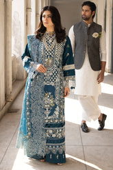 MAHNUR-3PC LAWN EMBROIDERED SHIRT WITH ORGANZA EMBROIDERED DUPATTA AND TROUSER-ADR-4609