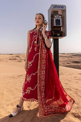 CRIMSON-3PC LAWN CHIKAANKARI EMBROIDERED SHIRT WITH CHIFOON PRINTED EMB DUPATTA AND EMB TROUSER-ADR-4623