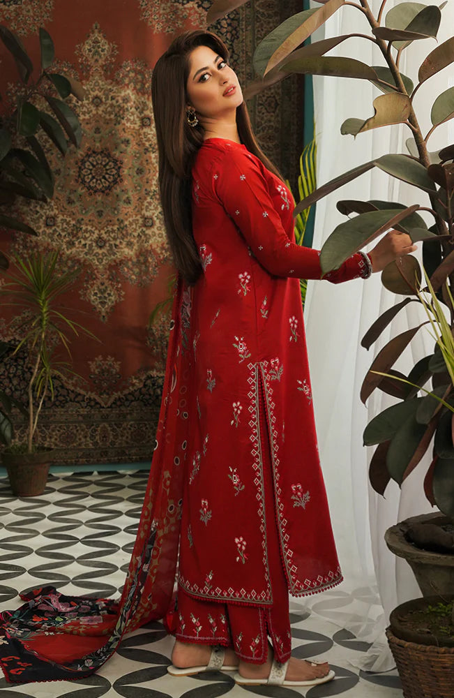 SERAN-3PC LAWN EMBROIDERED SHIRT WITH MONARK PRINT DUPATTA & EMB TROUSER-ADR-3646