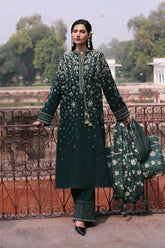 HUSSAIN REHAR-3PC DHANAK EMBROIDERED SHIRT WITH COUTRAI PRINTED SHAWL AND EMB TROUSER-ADR-5273