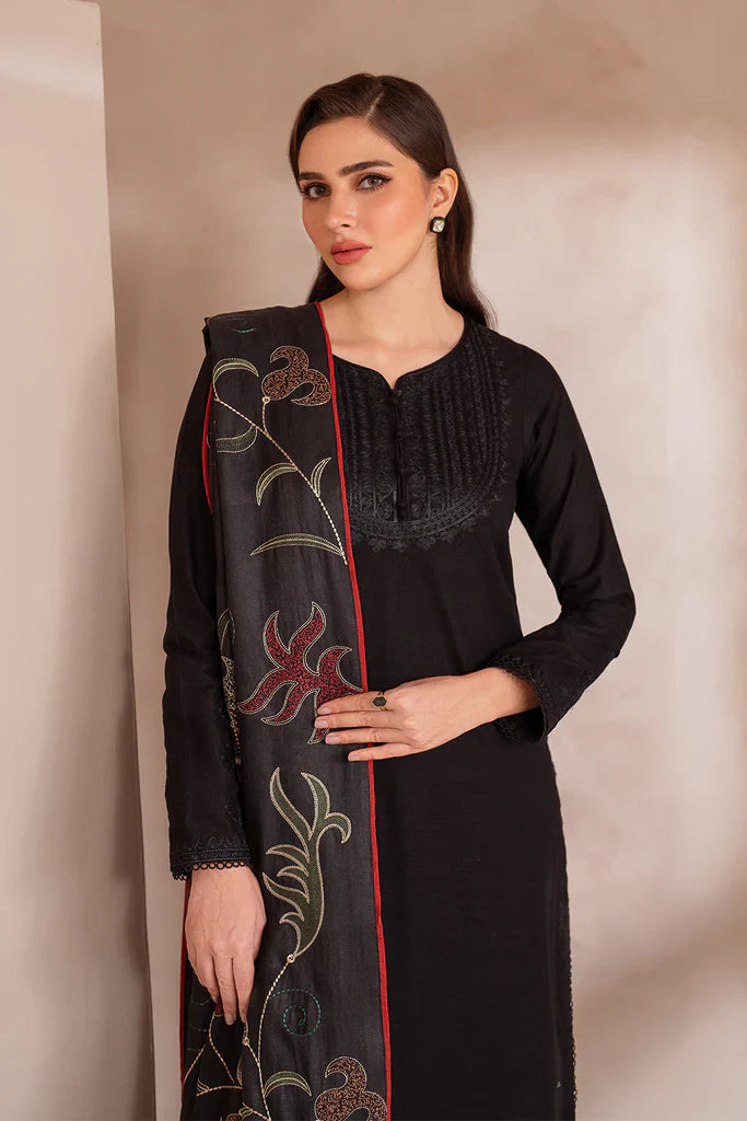 IZNIK-3PC DHANAK EMBROIDERED SHIRT WITH DHANAK EMBROIDERED SHAWL & TROUSER-ADR-3407