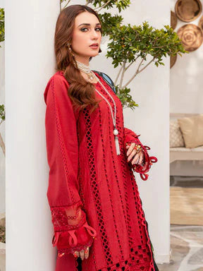 ZAINAB CHOTANI - 3PC CHIKENKARI LAWN EMBROIDERED WITH MONARK PRINT DUPATTA -ADR-RED