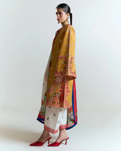 HUSSAIN REHAR - 3PC LAWN HEAVY EMBROIDERED SHIRT WITH MONARK PRINTED DUPATTA AND EMB TROUSER-ADR-3799
