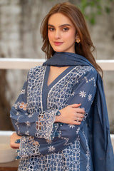 MIRAKHI-3PC LAWN CHIKENKARI EMBROIDERED SHIRT WITH LAWN TUBE SLUB DUPATTA-ADR-6600