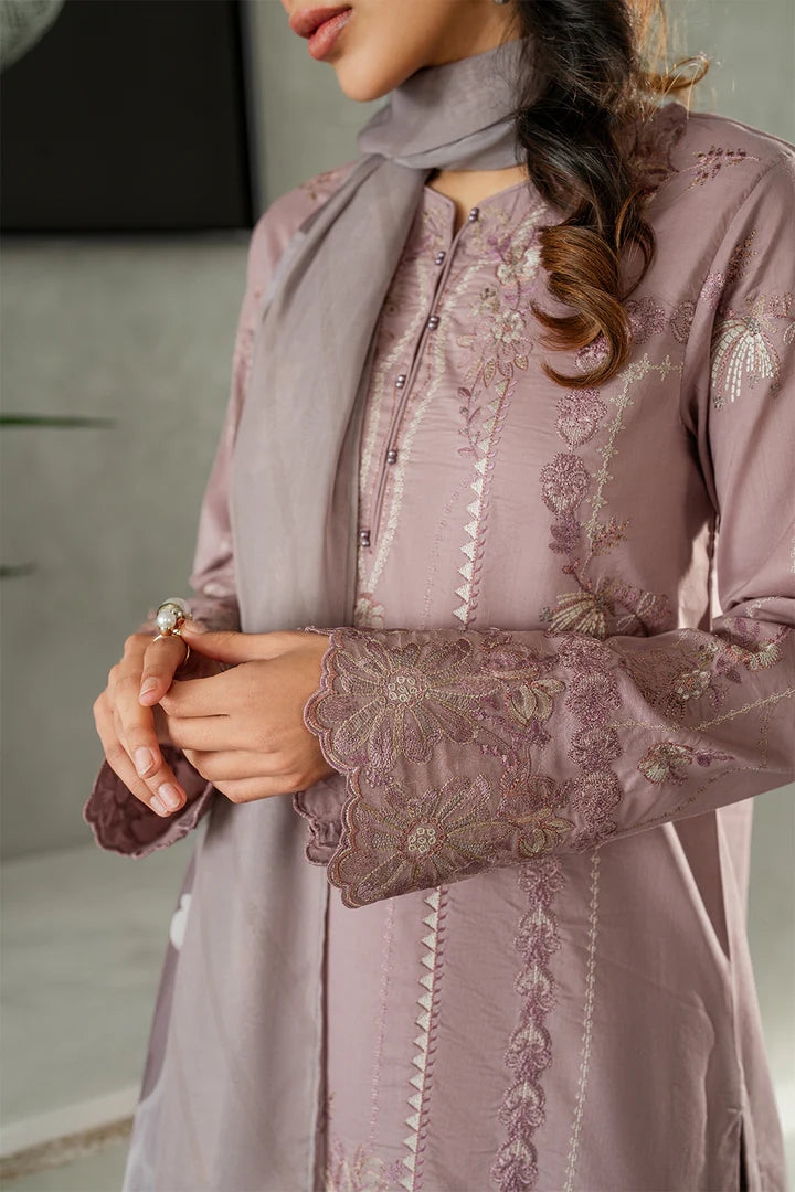 IZNIK-3PC DHANAK EMBROIDERED SHIRT WITH COUTRAI PRINTED SHAWL AND TROUSER-ADR-4114