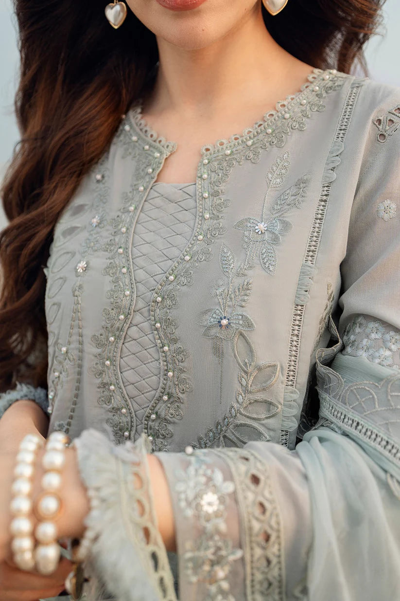 NUREH-3PC DHANAK LASER WORK EMBROIDERED SHIRT WITH CHIFFON EMBROIDERED DUPATTA & TROUSER-ADR-4214