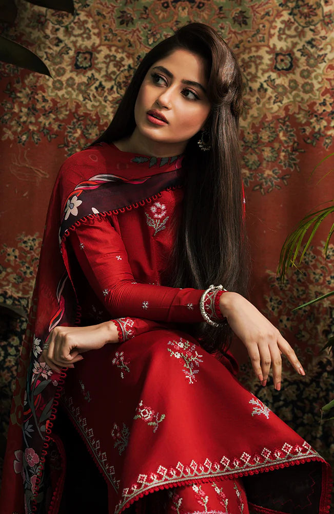SERAN-3PC LAWN EMBROIDERED SHIRT WITH MONARK PRINT DUPATTA & EMB TROUSER-ADR-3646