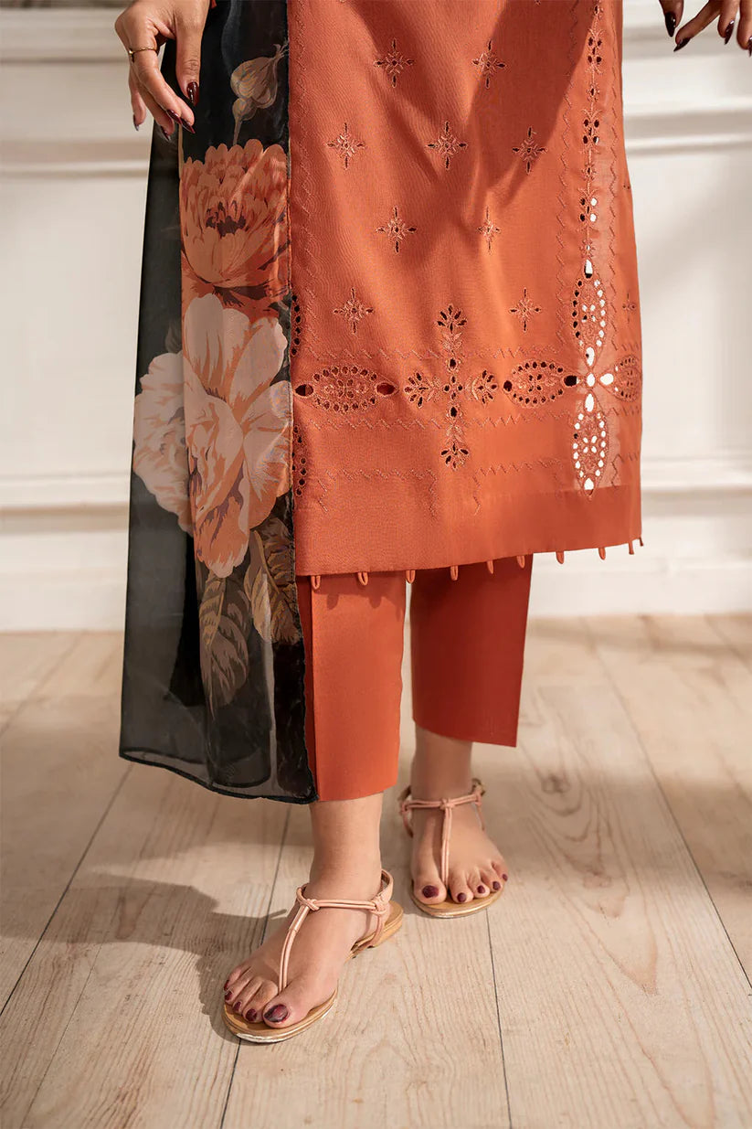 IZNIK-3PC DHANAK CHIKAN EMBROIDERED SHIRT WITH COURTRAI PRINTED SHAWL AND TROUSER -4188