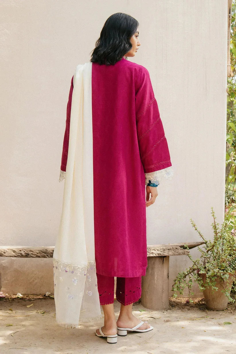 ZARASHAHJAHAN-3PC DHANAK EMBROIDERED SHIRT WITH COTTON NET EMBROIDERED DUPATTA AND TROUSER-ADR-4216