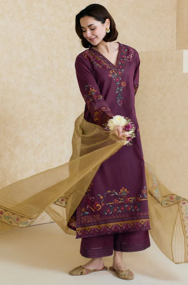 ZARA SHAHJAHAN - 3PC LAWN EMBROIDERED SHIRT WITH ORGANZA EMBROIDERED DUPATTA AND TROUSER -ADR-3826