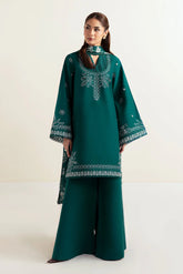 AFROZEH-3PC DHANAK EMBROIDERED SHIRT WITH COURTRAI PRINTED SHAWL AND TROUSER-ADR-4302