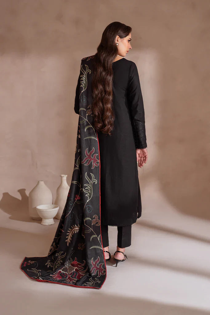 IZNIK-3PC DHANAK EMBROIDERED SHIRT WITH DHANAK EMBROIDERED SHAWL & TROUSER-ADR-3407