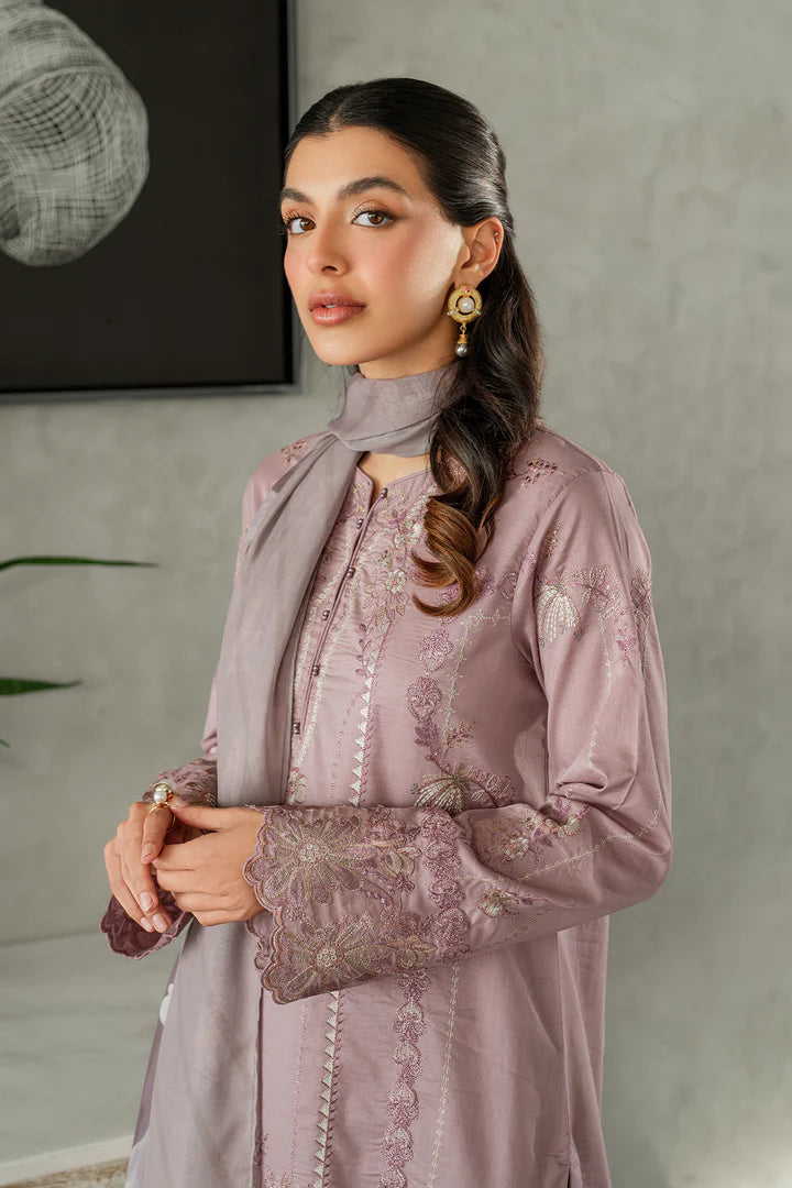IZNIK-3PC DHANAK EMBROIDERED SHIRT WITH COUTRAI PRINTED SHAWL AND TROUSER-ADR-4114