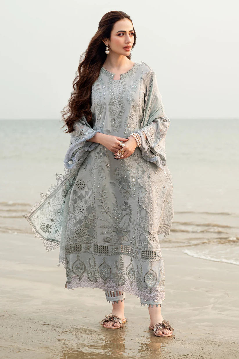 NUREH-3PC DHANAK LASER WORK EMBROIDERED SHIRT WITH CHIFFON EMBROIDERED DUPATTA & TROUSER-ADR-4214