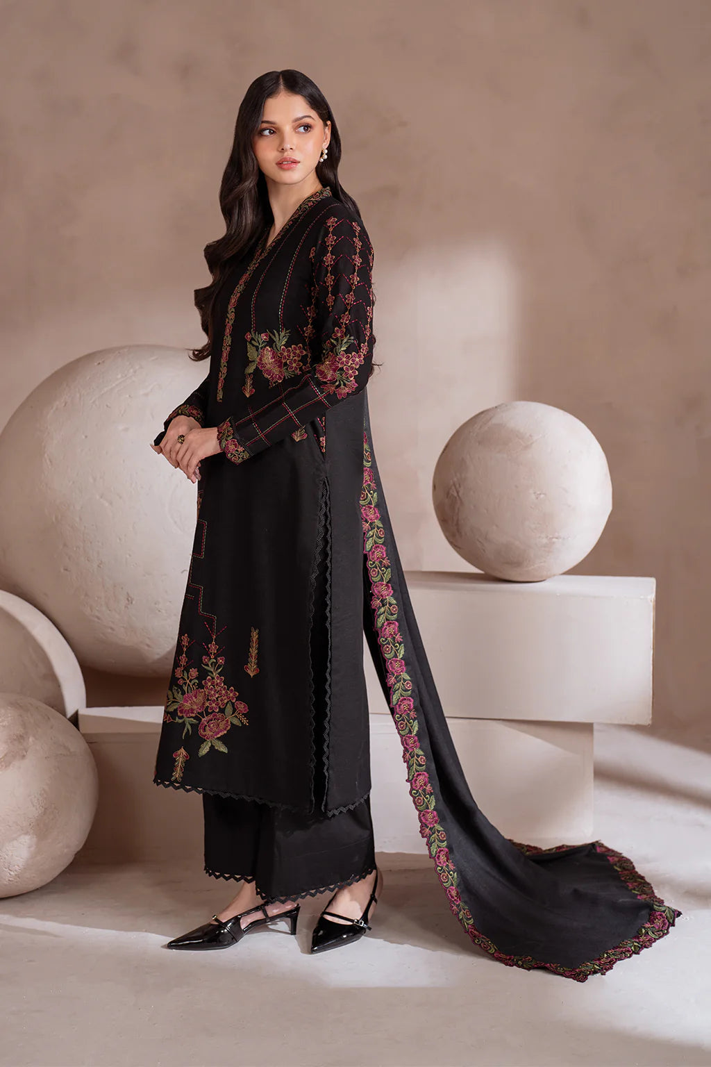 IZNIK-3PC DHANAK EMBROIDERED SHIRT WITH CHIFFON EMBROIDERED SHAWL & TROUSER-ADR-4134