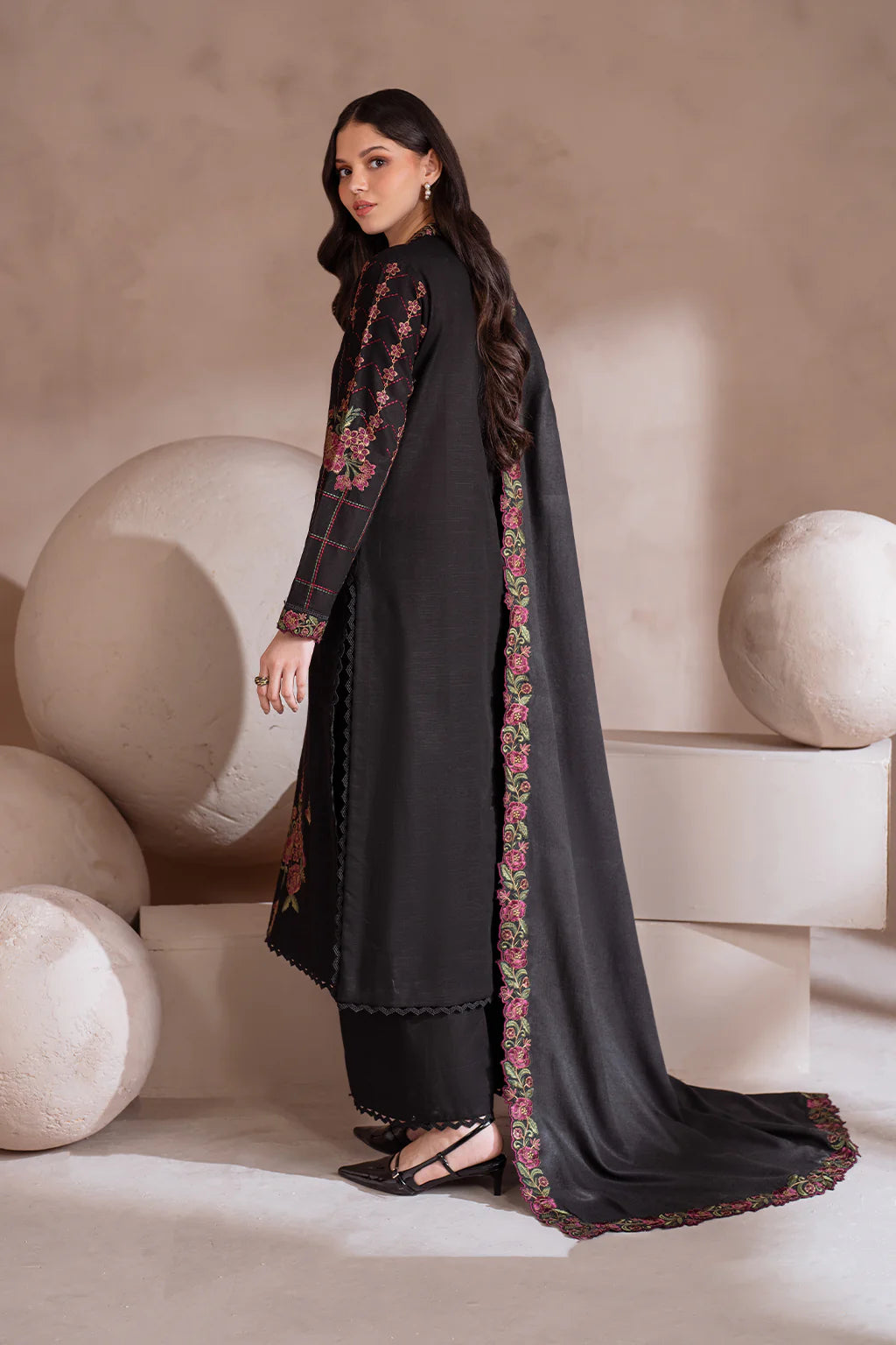 IZNIK-3PC DHANAK EMBROIDERED SHIRT WITH CHIFFON EMBROIDERED SHAWL & TROUSER-ADR-4134