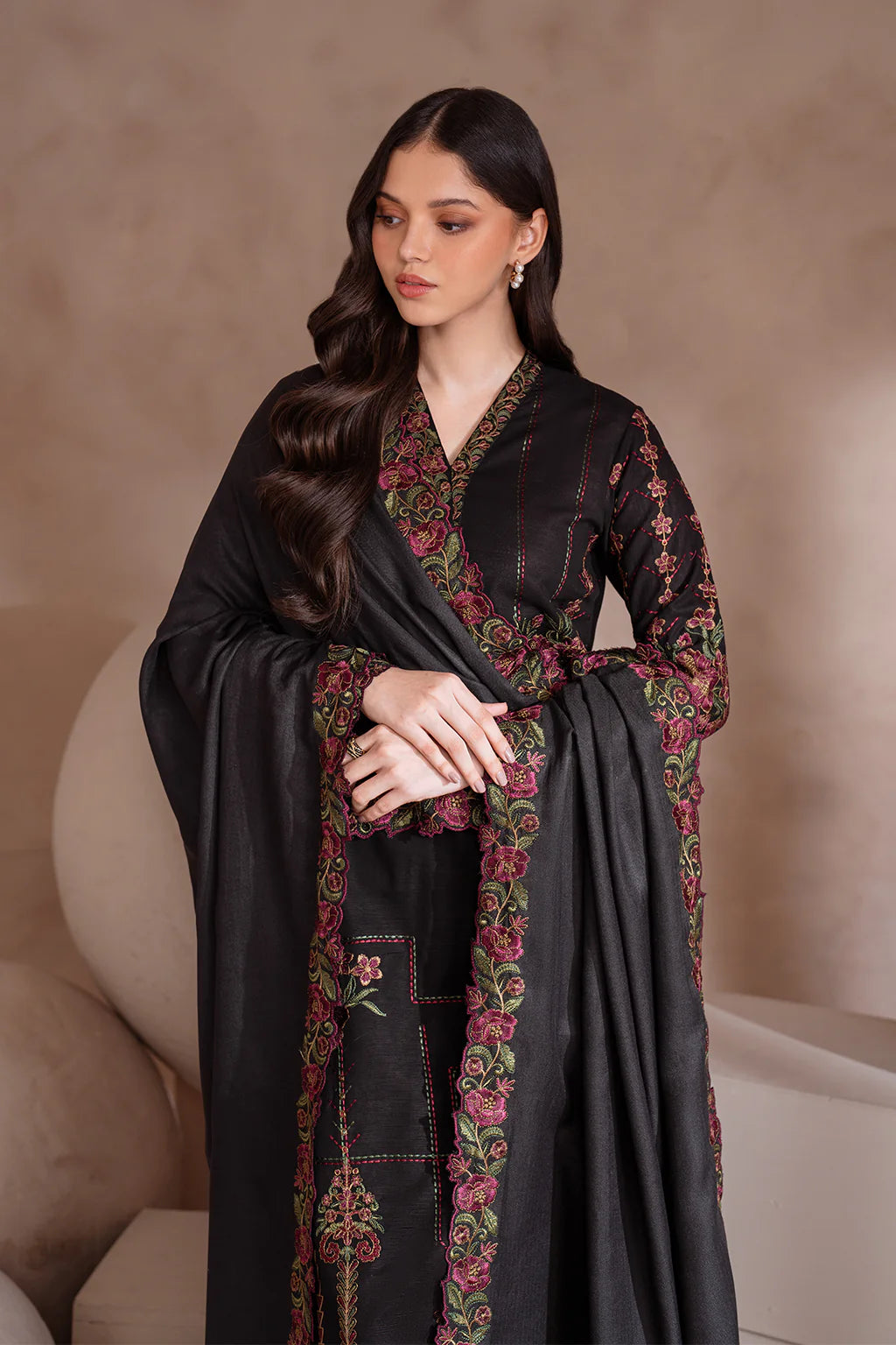 IZNIK-3PC DHANAK EMBROIDERED SHIRT WITH CHIFFON EMBROIDERED SHAWL & TROUSER-ADR-4134