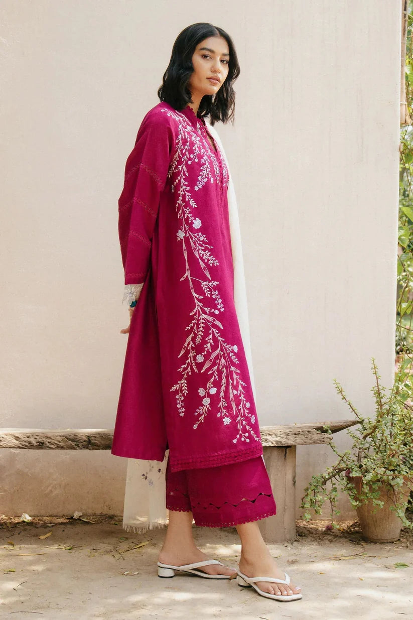 ZARASHAHJAHAN-3PC DHANAK EMBROIDERED SHIRT WITH COTTON NET EMBROIDERED DUPATTA AND TROUSER-ADR-4216